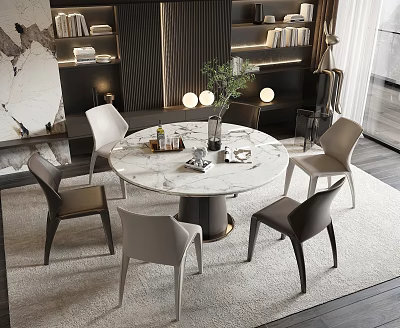 Modern Round Marble Dining Table Set With Gray Brown Chairs Rug And Lighting 3d model