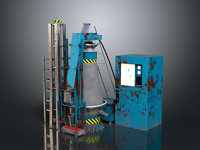 Industrial Equipment With Conical Structure Blue Control Cabinet Ladder And Warning Stripes 3d model