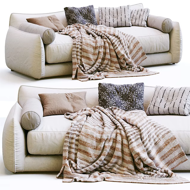 Cozy Modern Living Room Multi Seater Sofa With Striped Blanket And Patterned Pillows 3d model 