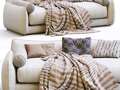 Cozy Modern Living Room Multi Seater Sofa With Striped Blanket And Patterned Pillows 3d model