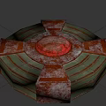 Rusted Metal Mechanical Structure With Circular Green Rings And Red Dome Top