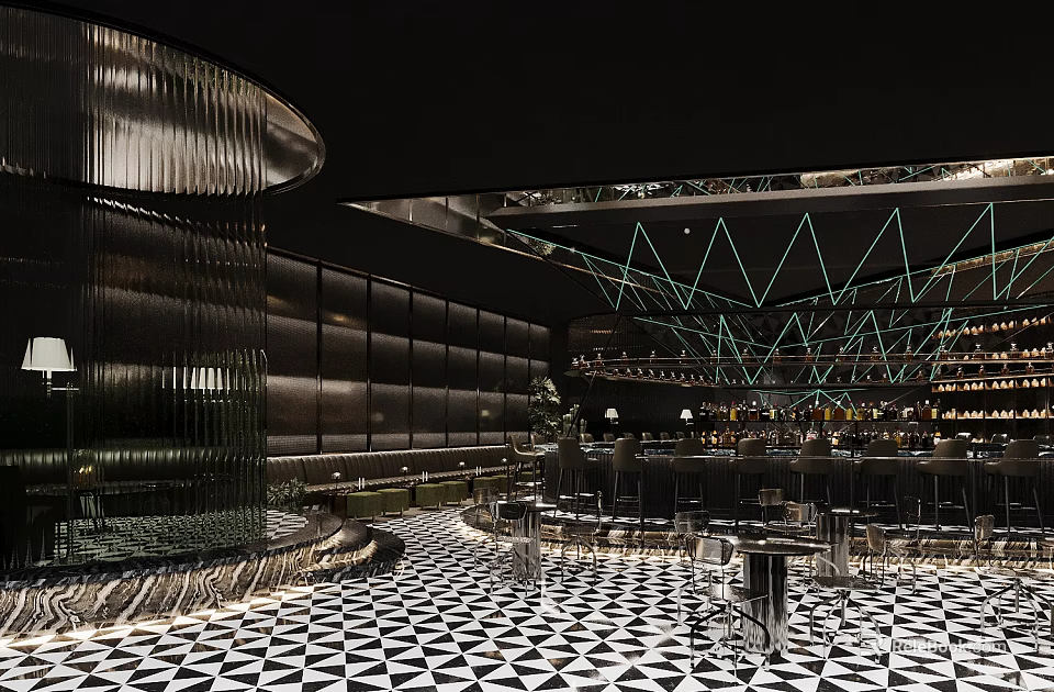Modern Luxury Bar Interior With Geometric Floors And Creative Lighting 3d model 