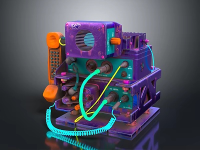 Futuristic Cyberpunk Weapon Featuring Purple Orange Mechanical Structure And Blue Yellow Cables 3d model