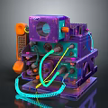 Futuristic Cyberpunk Weapon Featuring Purple Orange Mechanical Structure And Blue Yellow Cables