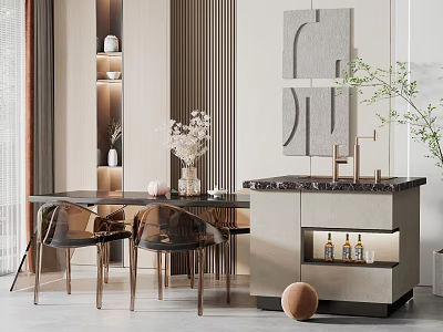 Modern Dining Table Set With Marble Top Metal Chairs And Sideboard Decorative Items 3d model