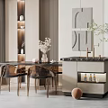Modern Dining Table Set With Marble Top Metal Chairs And Sideboard Decorative Items 3d model