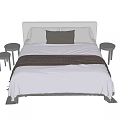 Stylish Double Bed With Gray Bedding White Pillows Brown Cushion And Wooden Stools