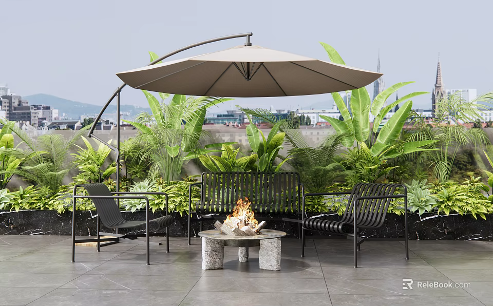 Stylish Outdoor Sofa Set With Fire Pit Umbrella And Green Plants On Patio 3d model 