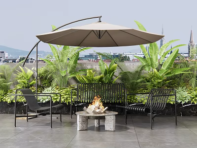 Stylish Outdoor Sofa Set With Fire Pit Umbrella And Green Plants On Patio 3d model