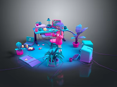 Modern Computer Workspace Setup With Desk Monitor Keyboard Mouse Lamp And Plants 3d model