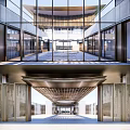 Modern Sales Office Building Exterior With Glass Curtain Walls Spacious Entrance And Unique Roof Design