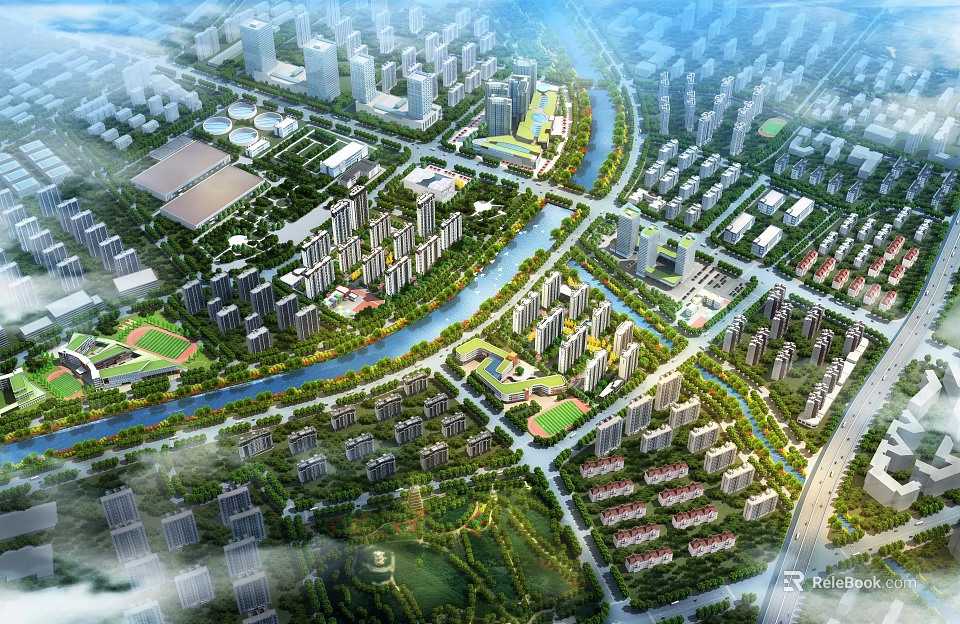 Aerial View Urban Planning With High Rise Buildings Residential Areas Green Spaces And River 3d model 
