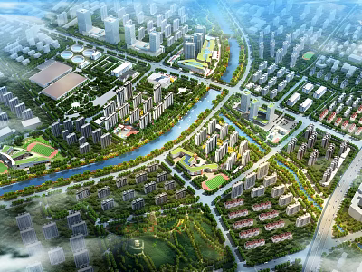 Aerial View Urban Planning With High Rise Buildings Residential Areas Green Spaces And River 3d model
