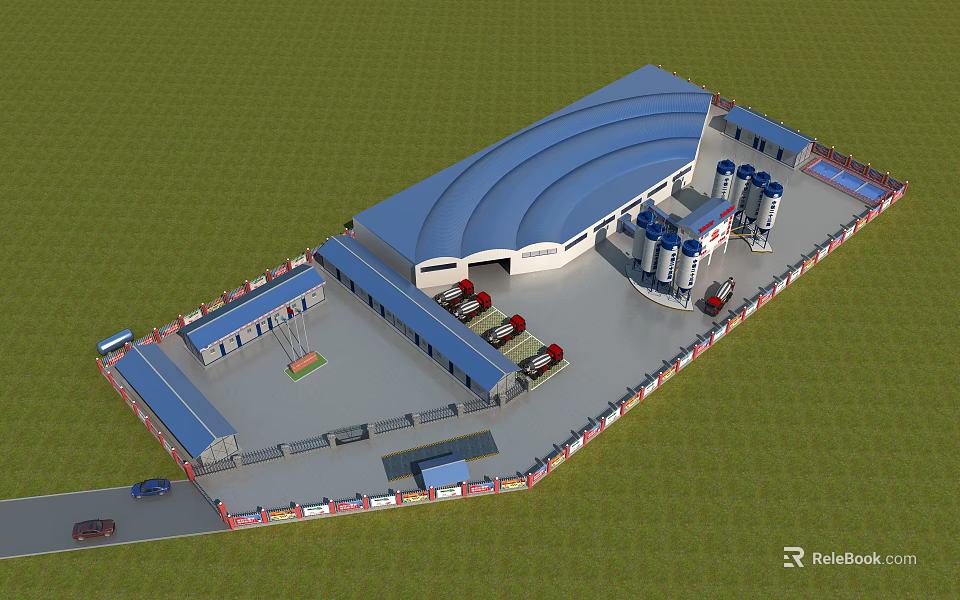 Industrial Factory Layout With Blue Roof Silos And Trucks In Grassland Area 3d model 
