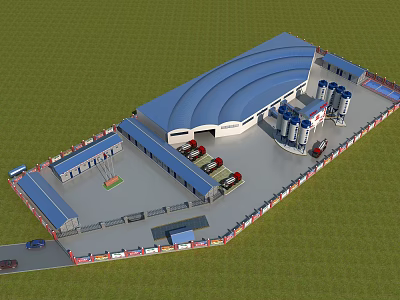 Industrial Factory Layout With Blue Roof Silos And Trucks In Grassland Area 3d model