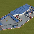 Industrial Factory Layout With Blue Roof Silos And Trucks In Grassland Area