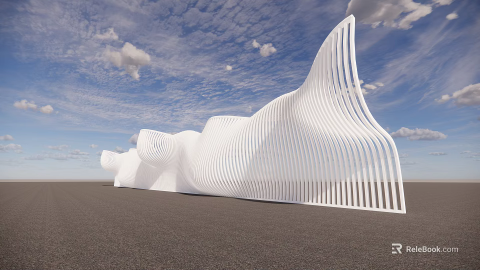 Modern White Wavy Feature Wall with Vertical Stripes under Blue Sky and Clouds 3d model 