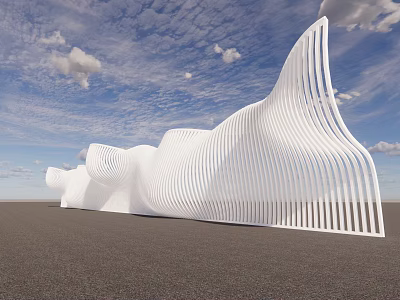 Modern White Wavy Feature Wall with Vertical Stripes under Blue Sky and Clouds 3d model