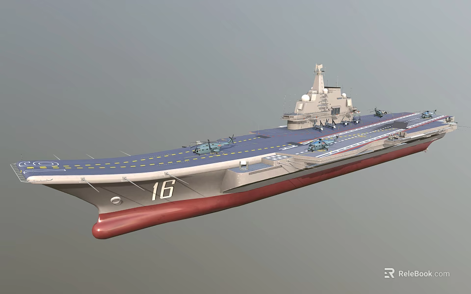 Aircraft Carrier with Number 16 Blue Deck and Fighter Jets Military Vessel Design 3d model 