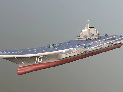 Aircraft Carrier with Number 16 Blue Deck and Fighter Jets Military Vessel Design 3d model