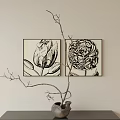 Botanical Paintings Two Framed Black And White Line Art Tulip Peony Hanging On Light Wall