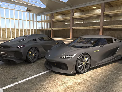 Two Gray Sports Cars Parked In Modern Garage 3d model