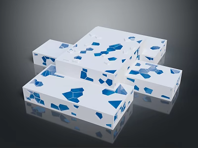Cartoon Scene Featuring Stacked White Blocks With Blue Geometric Patterns And Reflective Surfaces 3d model