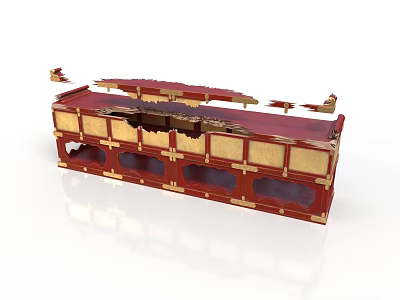Traditional Chinese Wooden Decorative Cabinet With Red Gold Carvings And Open Panels 3d model
