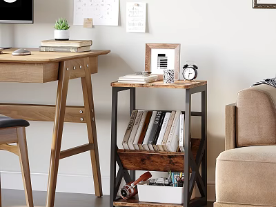 Stylish Side Table With Metal Frame Wooden Shelves And Decorative Items In Living Room 3d model