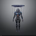 Futuristic Mechanical Cyborg Figure With Advanced Metallic Armor And Suspended Structure Above Head