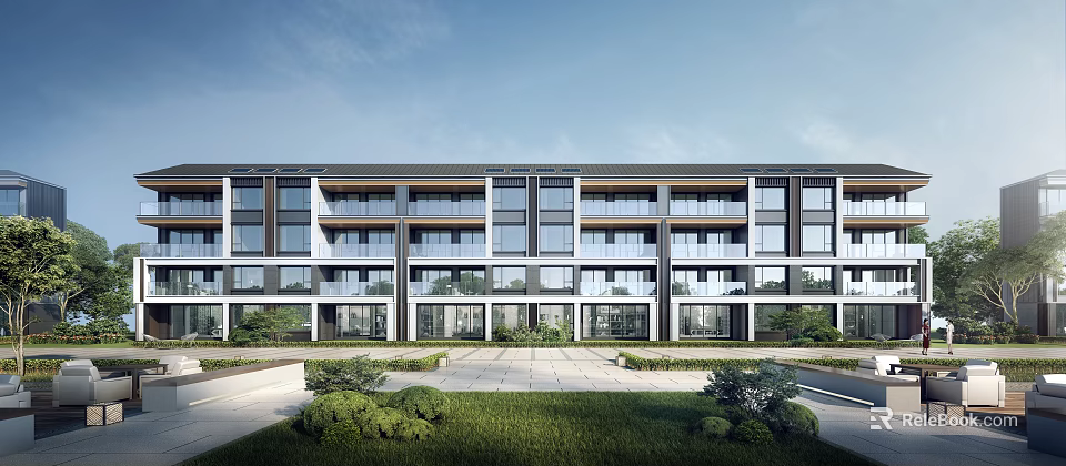 Modern Multistory Residential Building Exterior With Glass Windows Balconies And Green Courtyard 3d model 