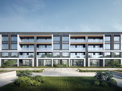 Modern Multistory Residential Building Exterior With Glass Windows Balconies And Green Courtyard 3d model