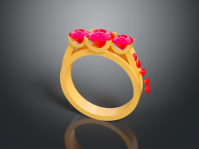 Elegant Gold Ring With Three Red Gemstones And Small Red Accents Fashion Jewelry 3d model