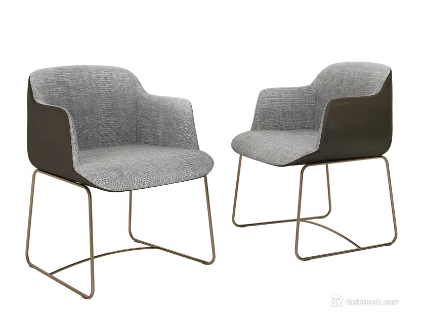Two Modern Accent Chairs With Gray Fabric Seats Dark Brown Armrests And Metal Legs 3d model 