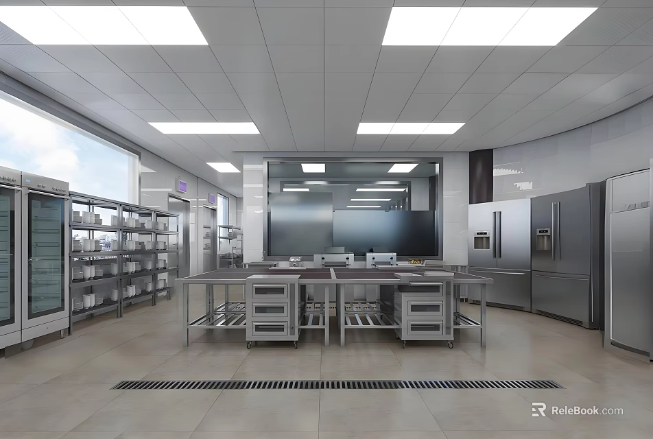 Modern Commercial Kitchen Equipment Featuring Stainless Steel Worktables And Storage Shelves 3d model 