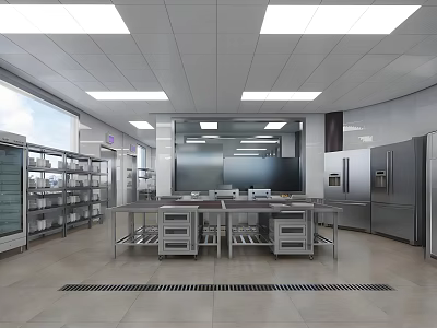 Modern Commercial Kitchen Equipment Featuring Stainless Steel Worktables And Storage Shelves 3d model