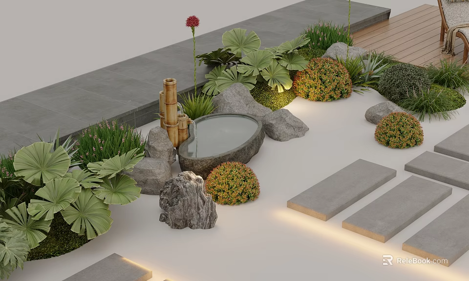 Natural Water Fountain with Red Flower Large Leaf Plants Stones and Bamboo in Garden Path 3d model 
