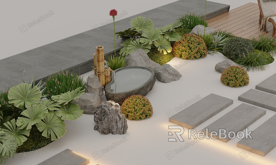 Garden Pool Waterscape Landscape Plant Combination model