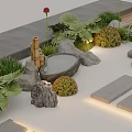 Natural Water Fountain with Red Flower Large Leaf Plants Stones and Bamboo in Garden Path