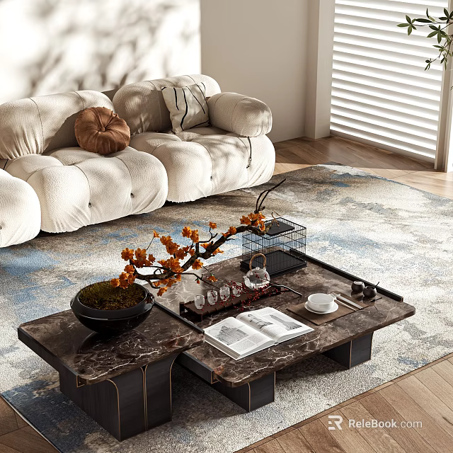 Luxurious Marble Coffee Table With Decorative Vase Magazines And Cozy Sofa Setting 3d model 
