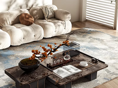 Luxurious Marble Coffee Table With Decorative Vase Magazines And Cozy Sofa Setting 3d model