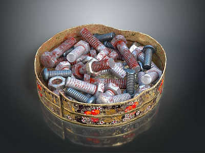 Assorted Hardware Tools Including Bolts And Nuts In Decorative Tin Box 3d model
