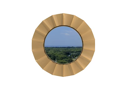 Round Golden Mirror with Radiant Frame Reflecting Green Trees Blue Sky and Clouds 3d model