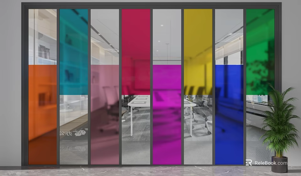 Colorful Glass Partition In Modern Office Interior With Vibrant Hues And Open Space 3d model 