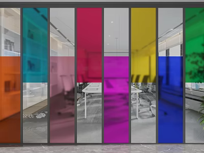 Colorful Glass Partition In Modern Office Interior With Vibrant Hues And Open Space 3d model