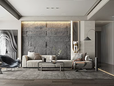 Elegant Modern Living Room Interior With Textured Wall Panel Beige Sofa And Geometric Rug 3d model