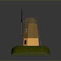 Windmill Model With Red Blades Black Center Yellow Tower Brown Roof Green Grass Blue Water