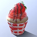 Delicious Cupcake With Red Cream Strawberry Decoration Chocolate Drizzle And Red White Checkered Paper Cup