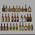 Assorted Wine Bottles and Glasses Collection with Different Labels and Colors