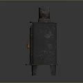 Vintage Cast Iron Wood Stove Featuring Glass Door Burning Flames And Metal Chimney